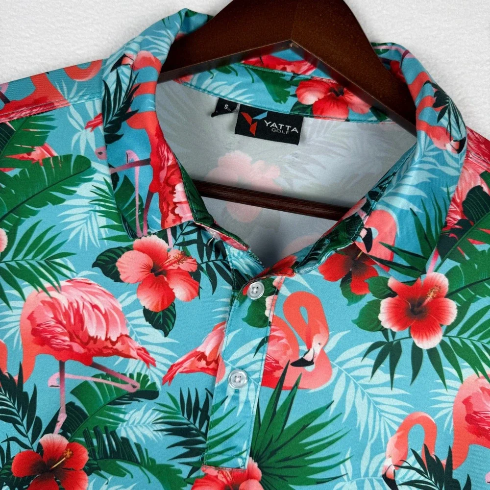 Yatta Golf Mens S‎ Flamingo Tropical Floral Performance Polo Shirt Turquoise AOP